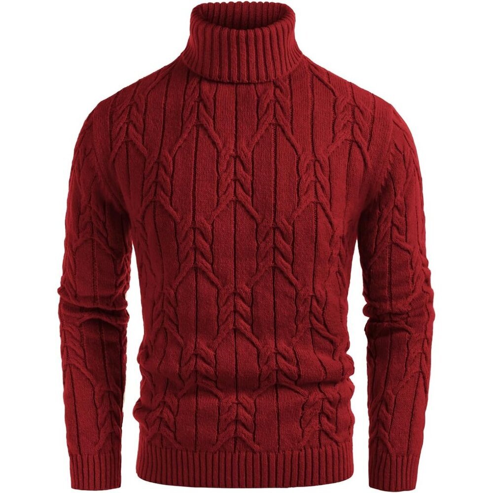 Men's Dark Red Mock Turtleneck Long Sleeve Cable Knit Sweaters Slim Pullover